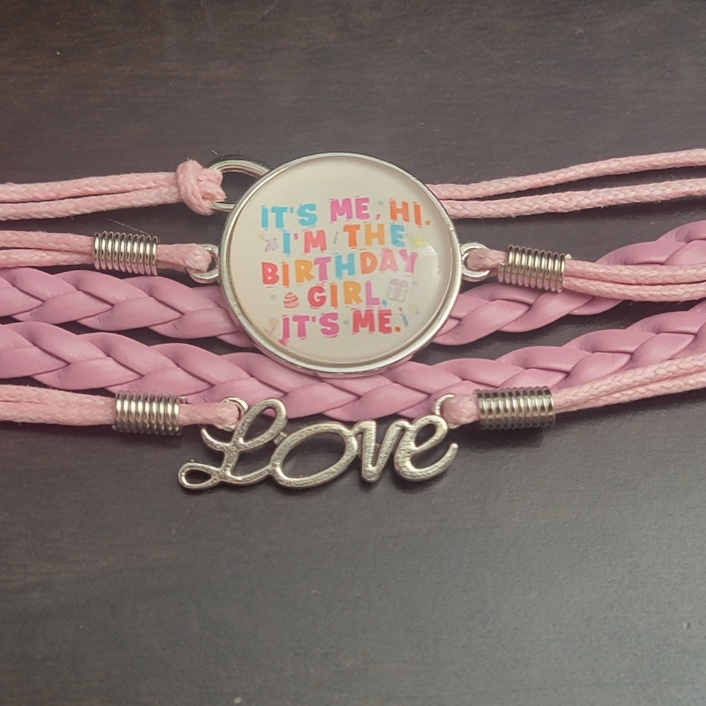 Pink Braided Birthday Bracelet with Love Charm